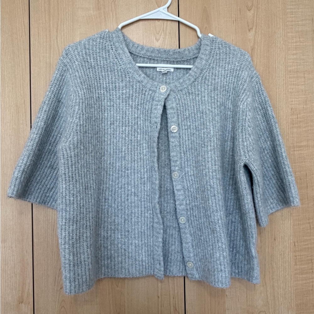 AERIE Light Gray Short-Sleeve Button Cardigan Sweater